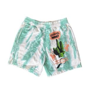 Green Tie-Dye Shorts with Cactus Print